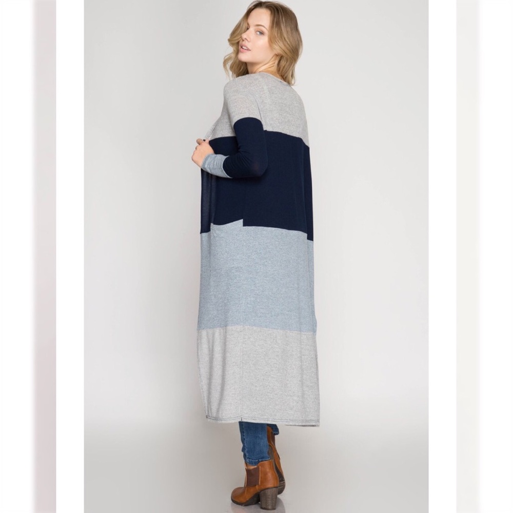 NWT Color Block Maxi Cardigan Sweater Blue Gray